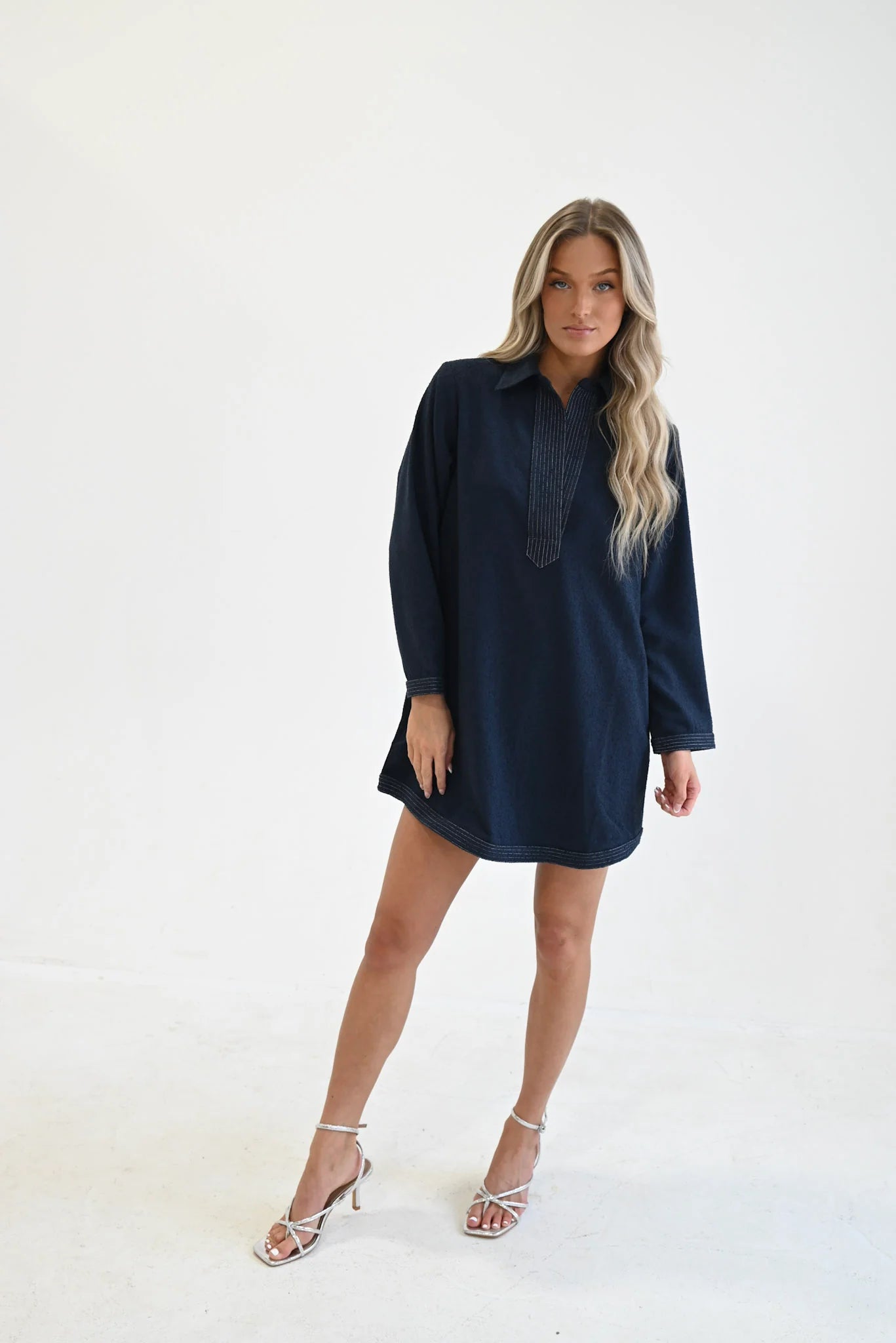 Split Neck Dress Navy Boucle