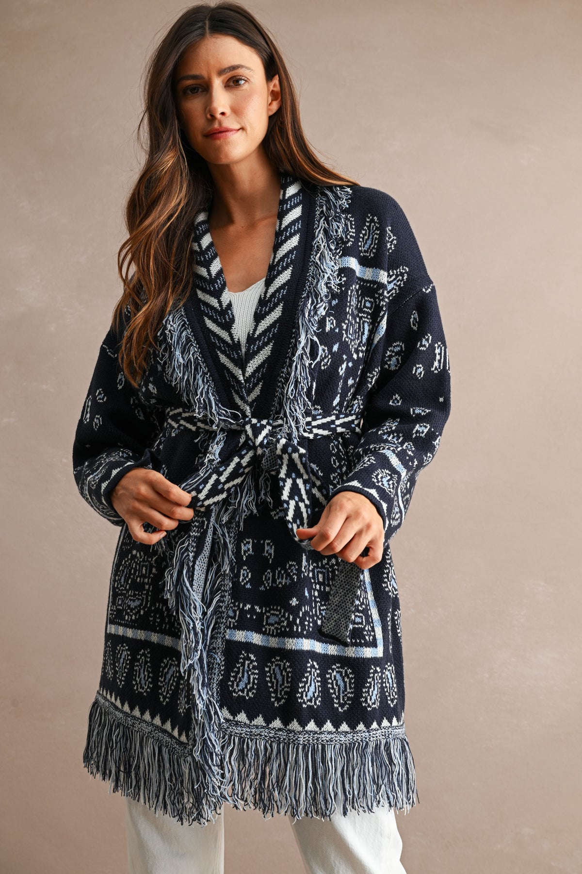 Fringe Detail Long Cardigan with Tie Navy