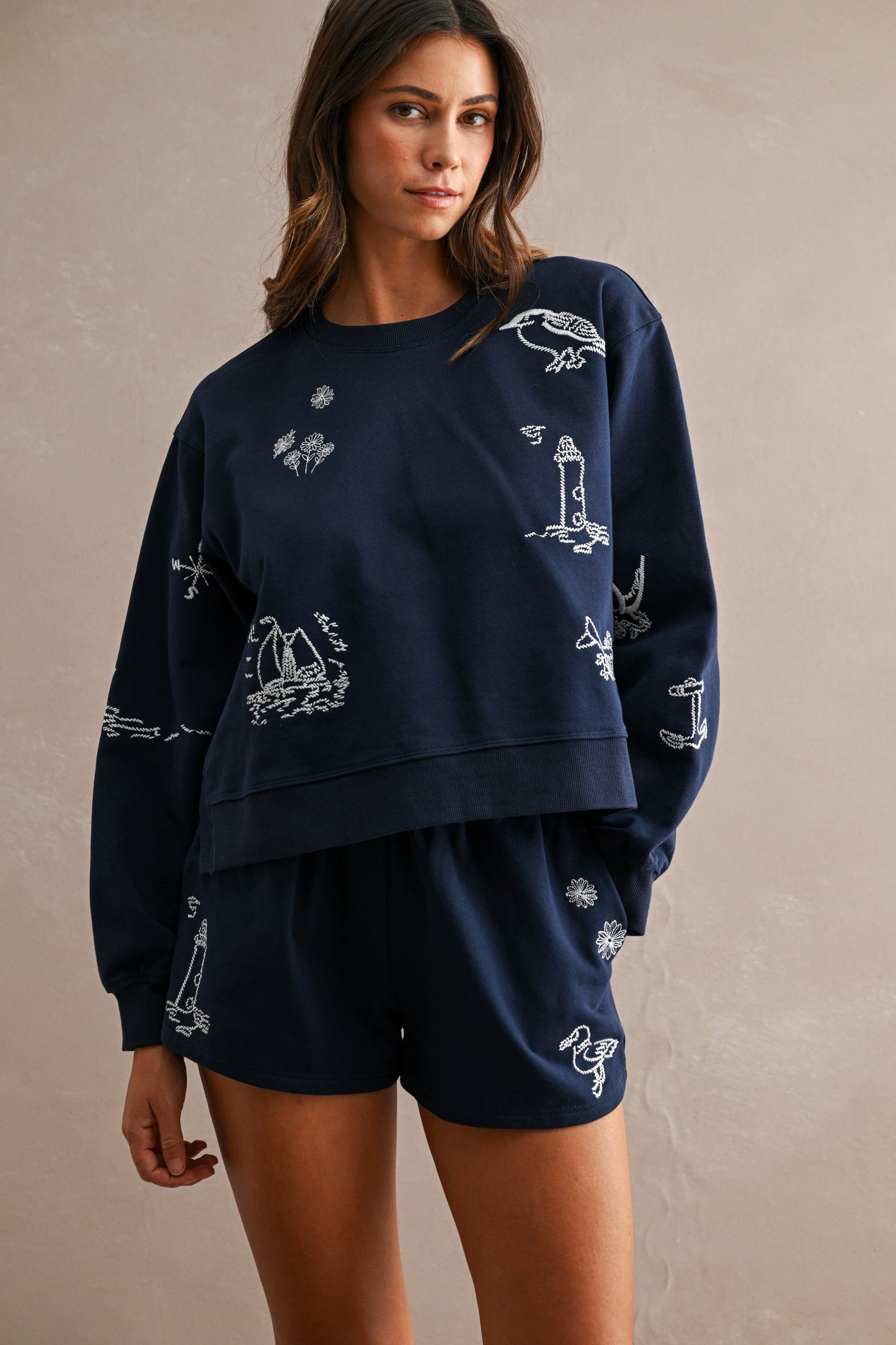 Jersey Embroidery Sweatshirt & Shorts Set Navy