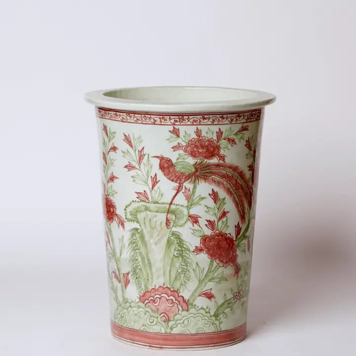 Pink and Green Rustic Bird & Flower Porcelain Umbrella Stand