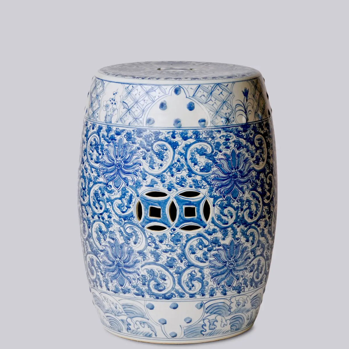 Hand Painted Lotus Blue and White Porcelain Garden Seat
