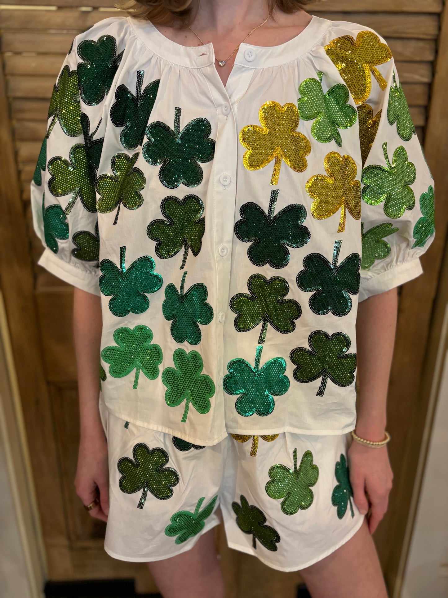 White & Green Rhinestone Shamrock Cotton Button Up Short Sleeve Top