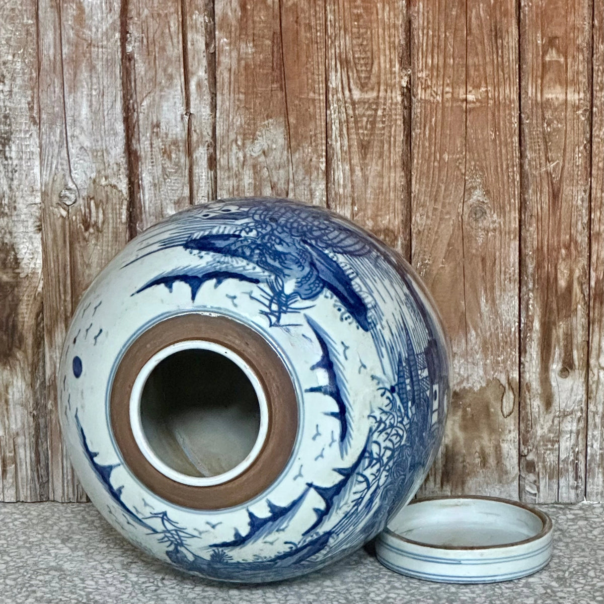 Blue and White Porcelain Landscape Lidded Round Storage Jar