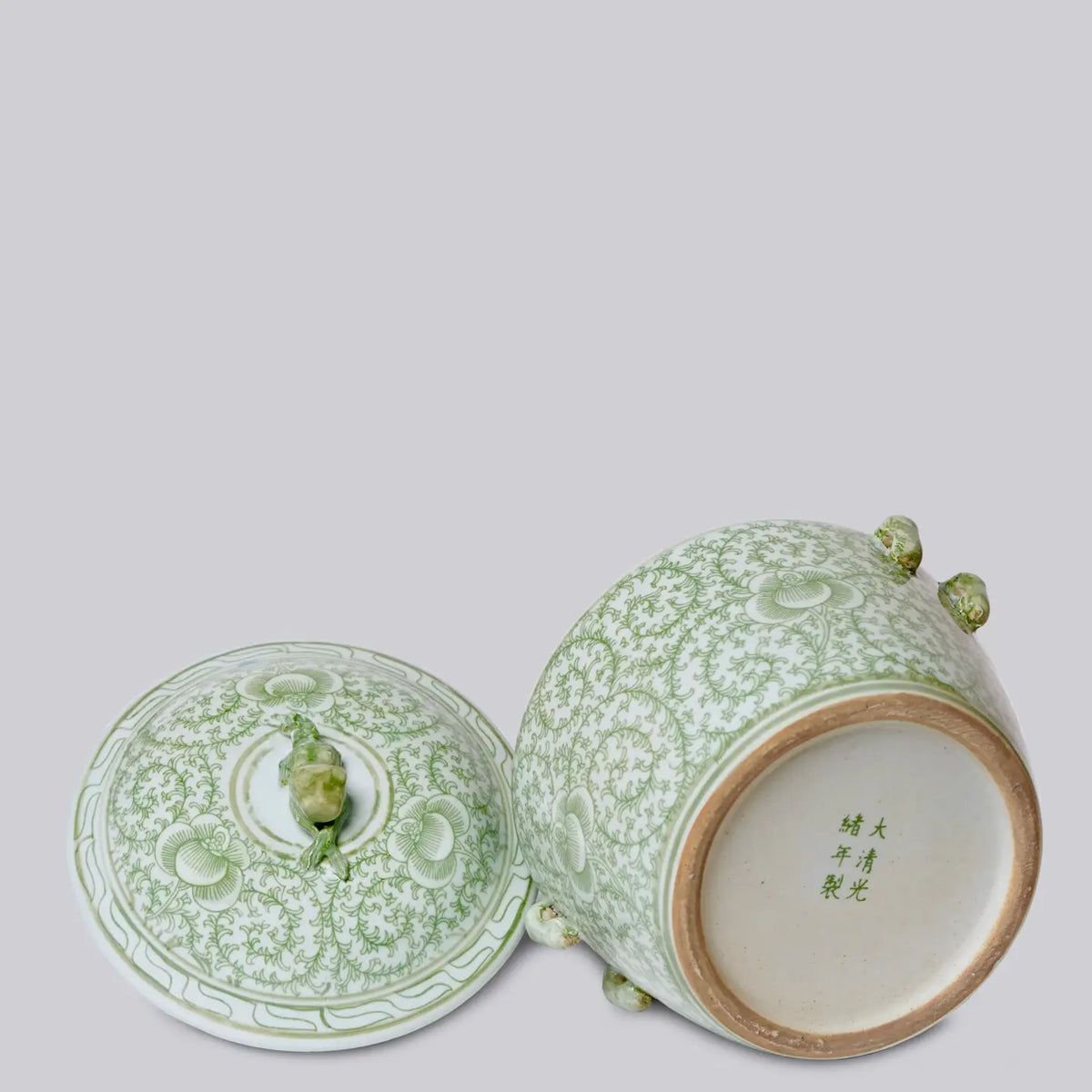 Green and White Porcelain Scrolling Peony Lug Jar