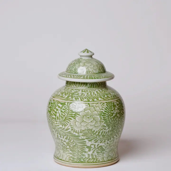 Medium Green and White Porcelain Country Peony Temple Jar
