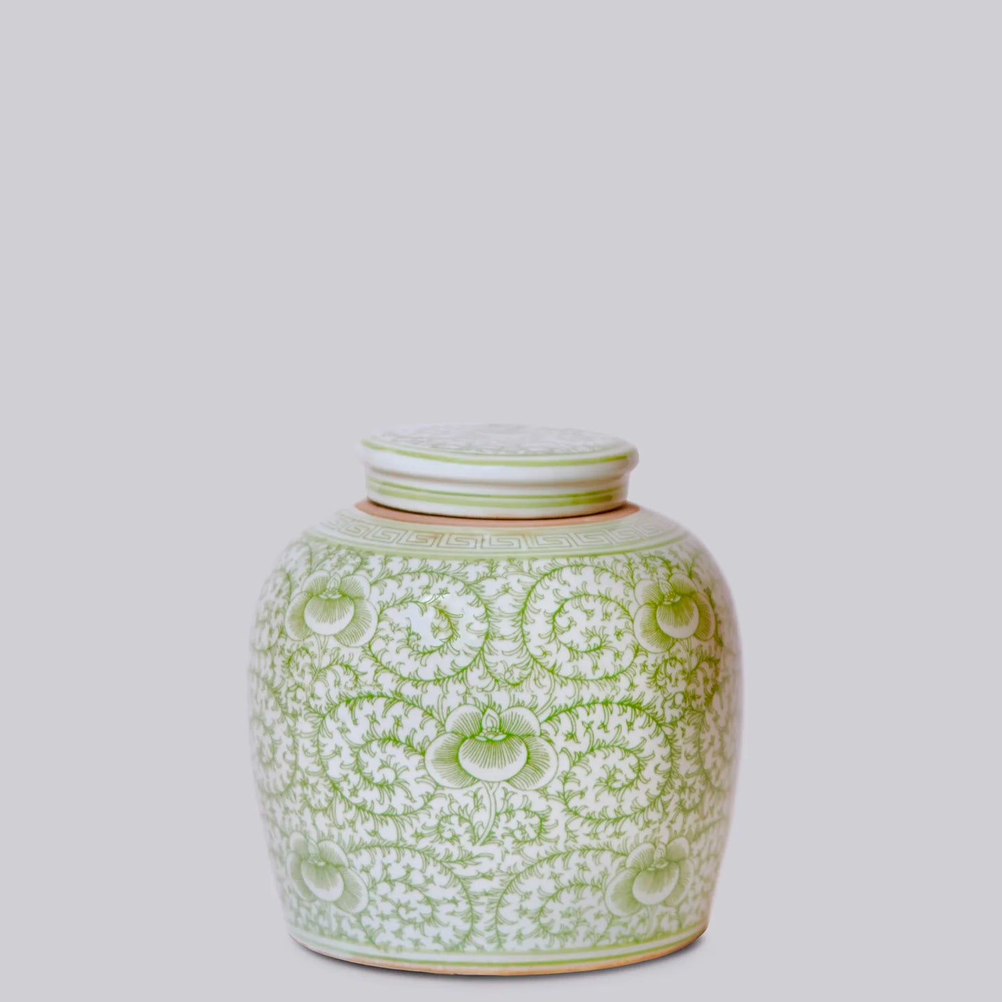 Green and White Porcelain Scrolling Peony Round Jar