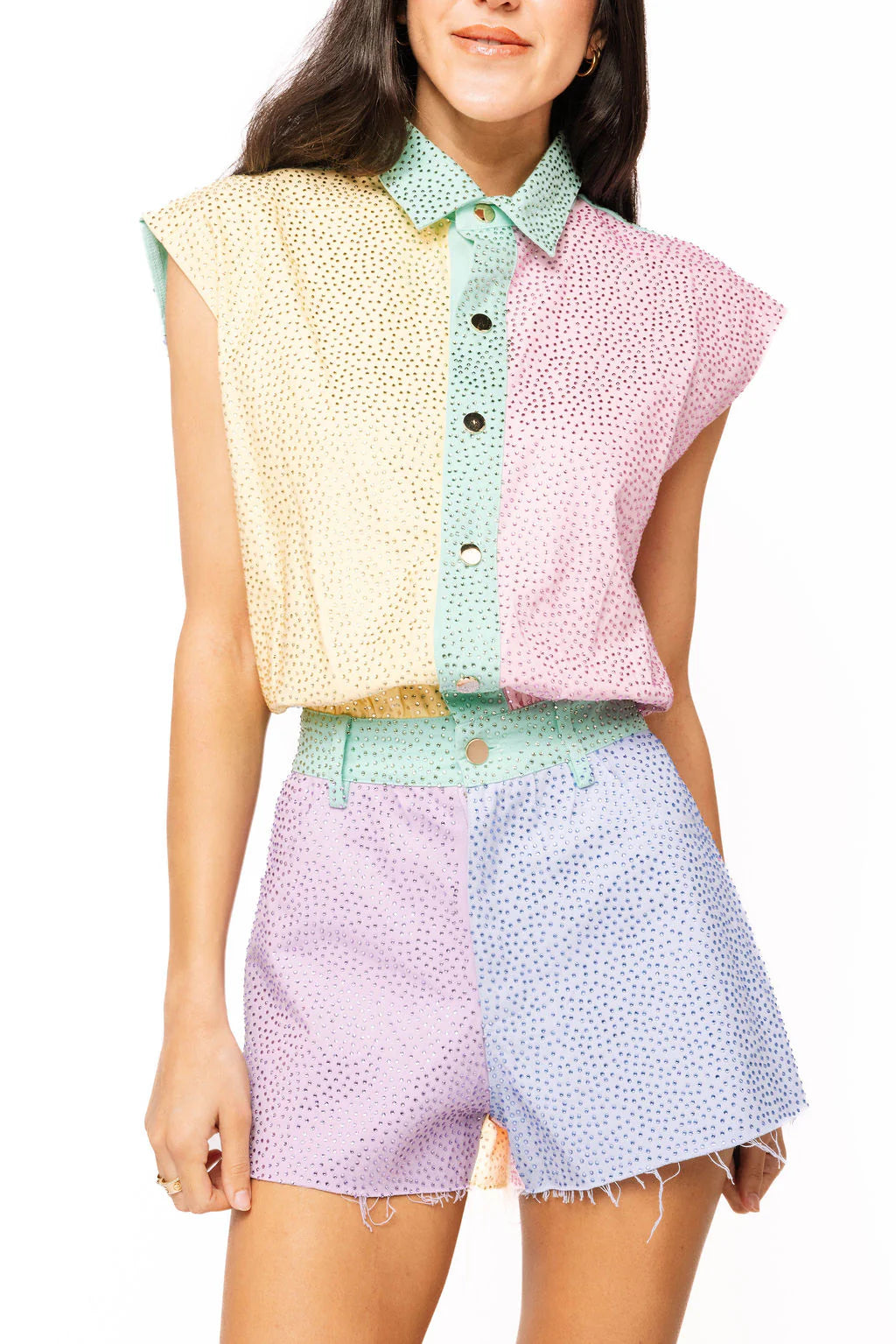 Pastel Colorblock Rhinestone Romper