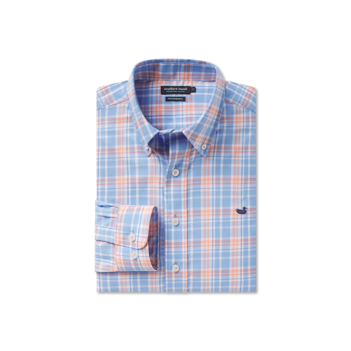 Grainger Performance Plaid Dress Shirt French Blue & Peach