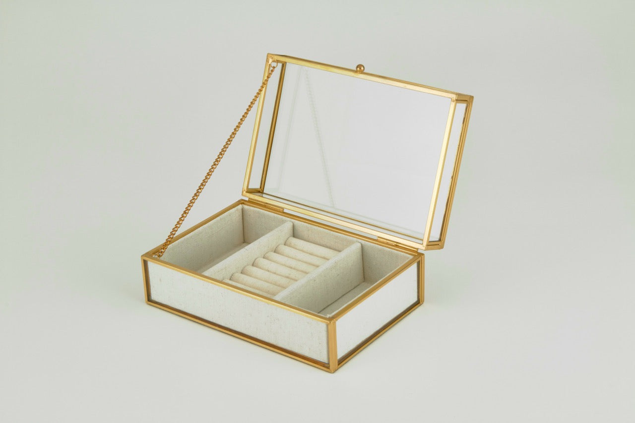 Brass Glass Jewelry Box White
