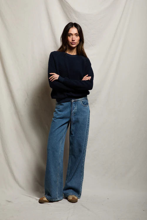 Reverse Fleece LS Shrunken Crew Navy