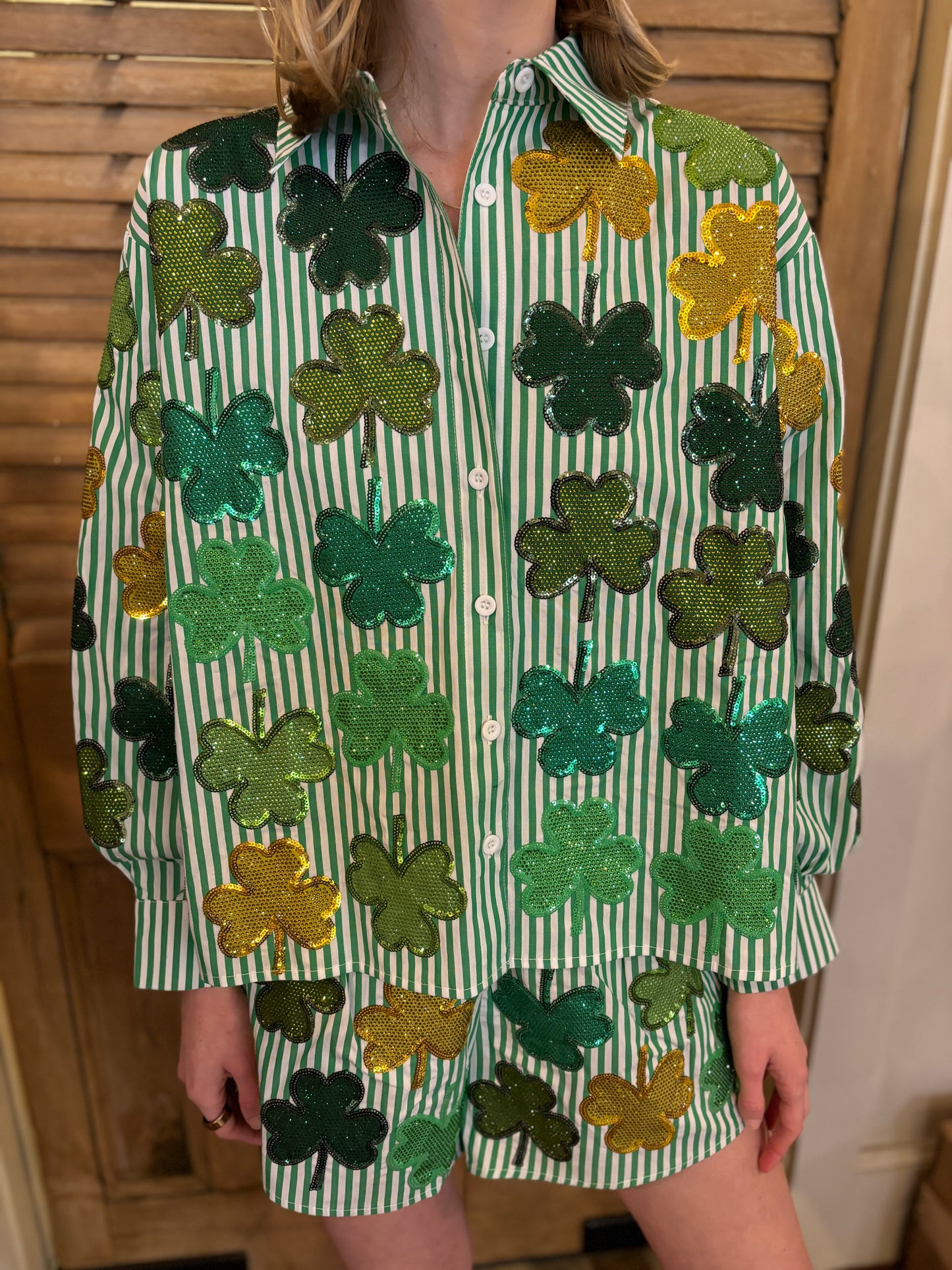 Green & White Striped Rhinestone Shamrock Button Up Top
