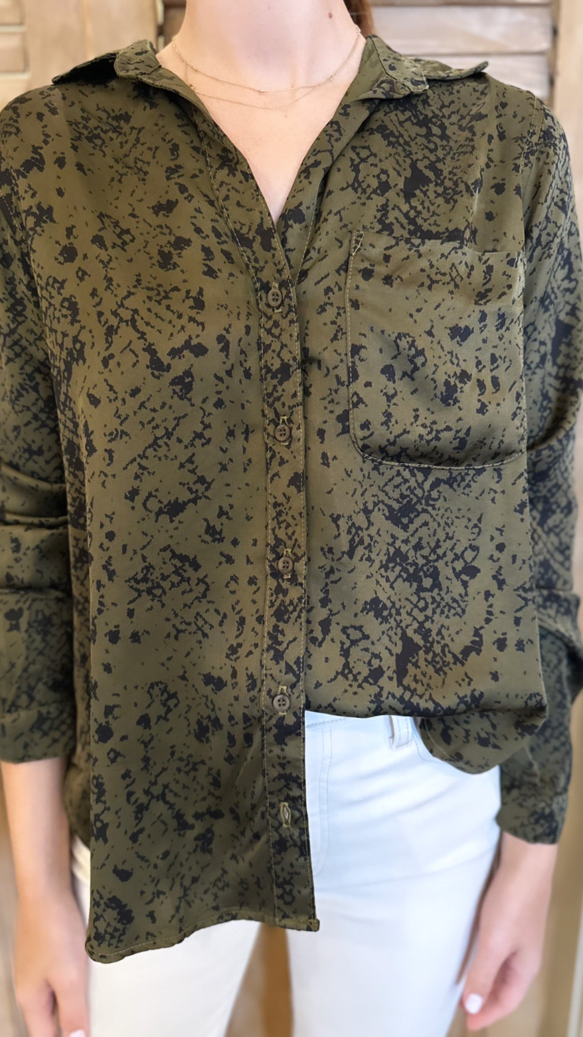 LS Button Down Olive Snake Print
