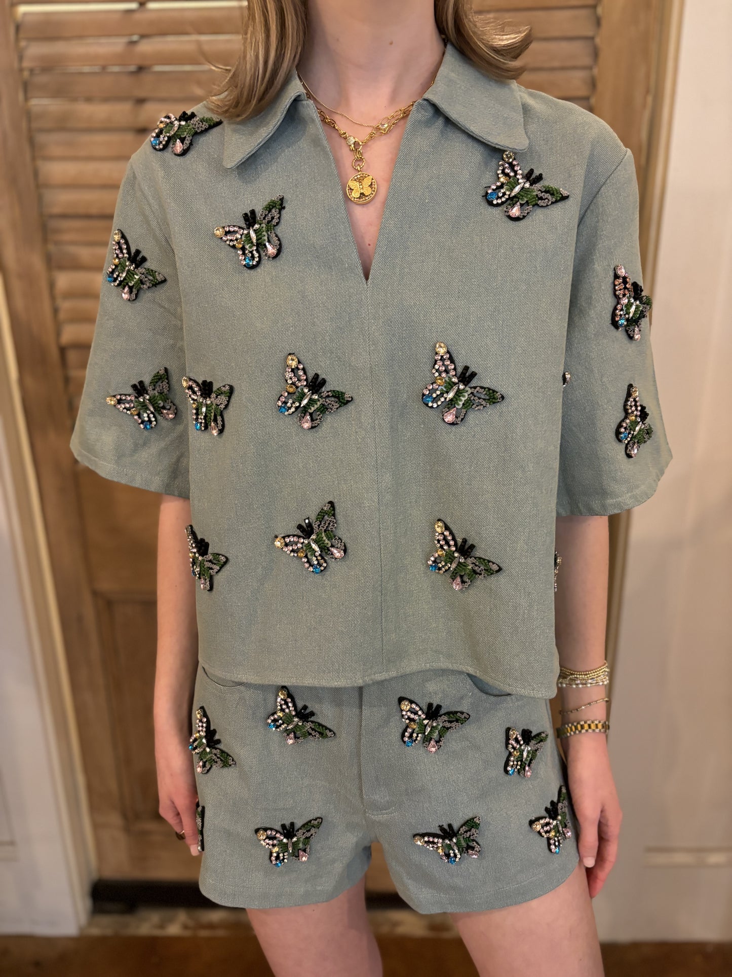 Denim Butterfly Multi Jewel Butterfly Collar Top