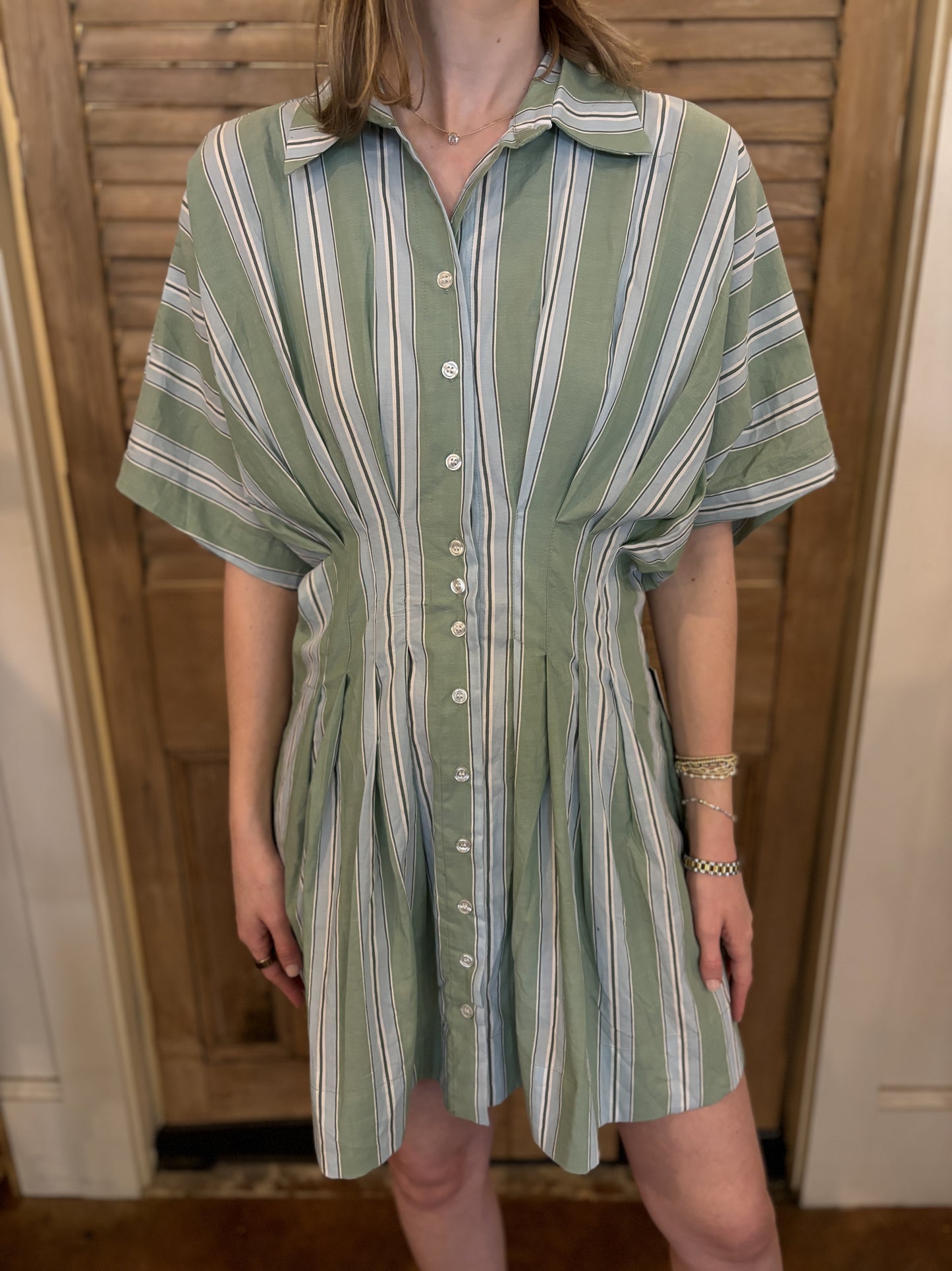 Lorine Green Stripe Mini Shirt Dress