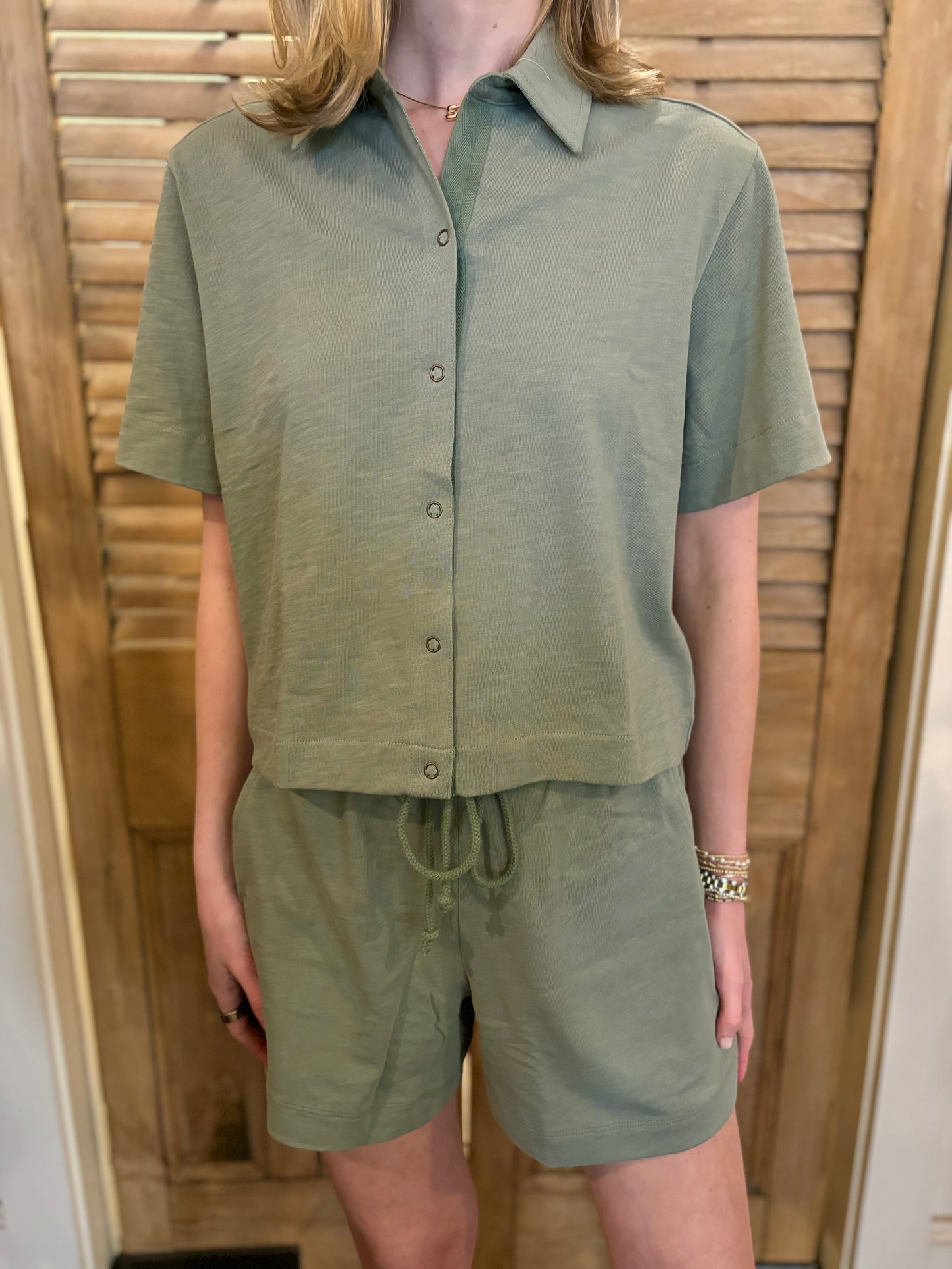 Elbow Sleeve Button Down Tee Sage