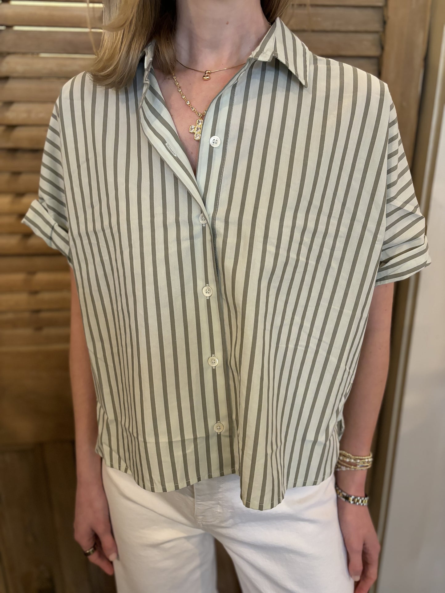 Striped Oversized Button Down Dolman Pool Stripe