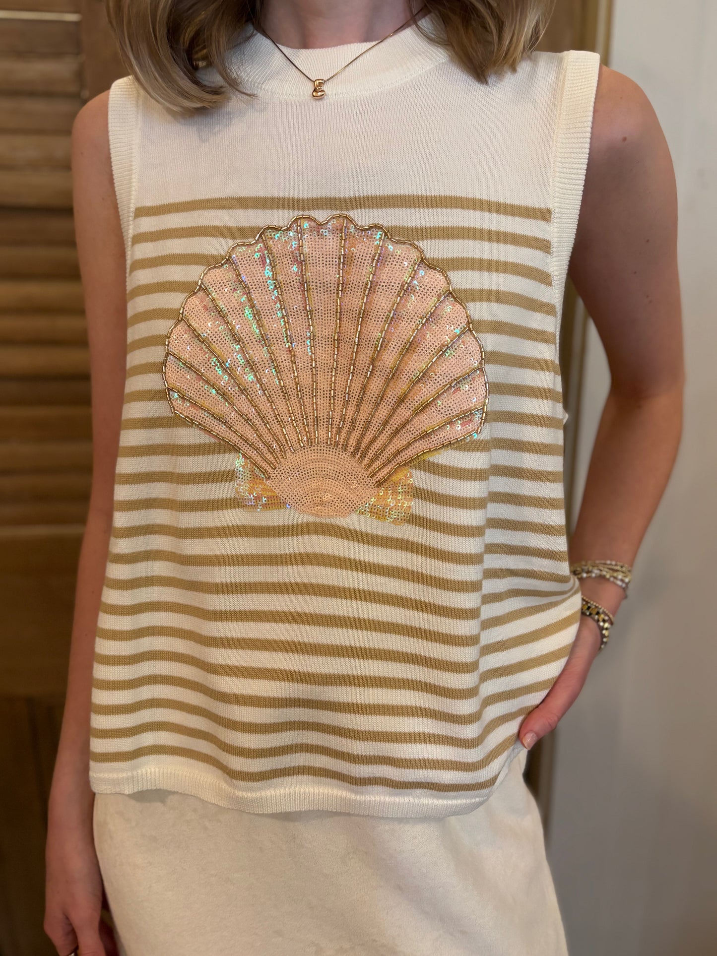 Ivory & Tan Striped Shell Knit Tank