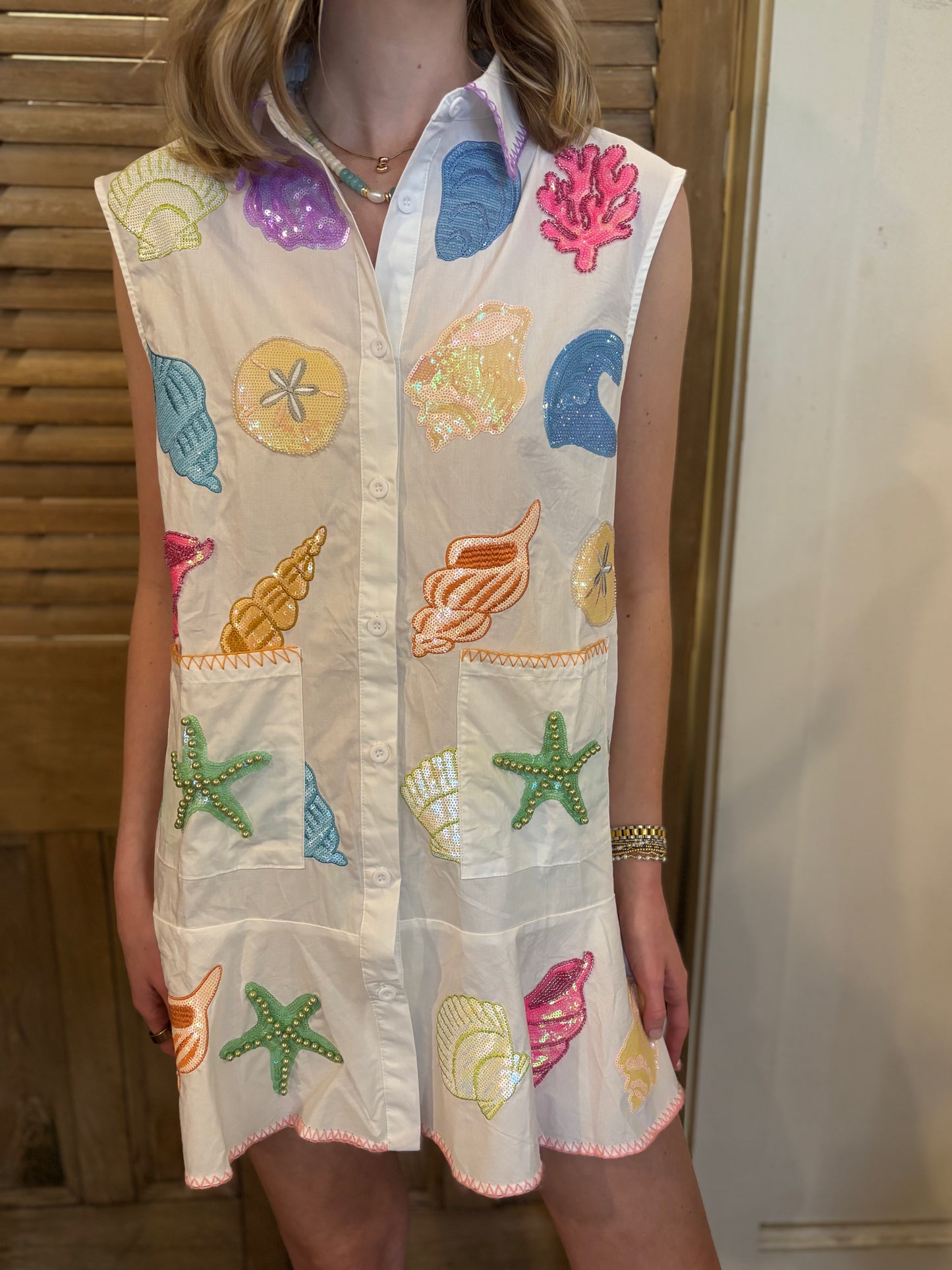 White Multi Shell Cotton Button Up Tank Dress