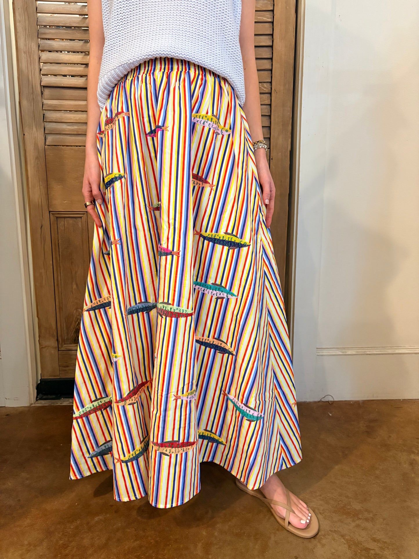 Rainbow Stripe Multi Fish Cotton Midi Skirt