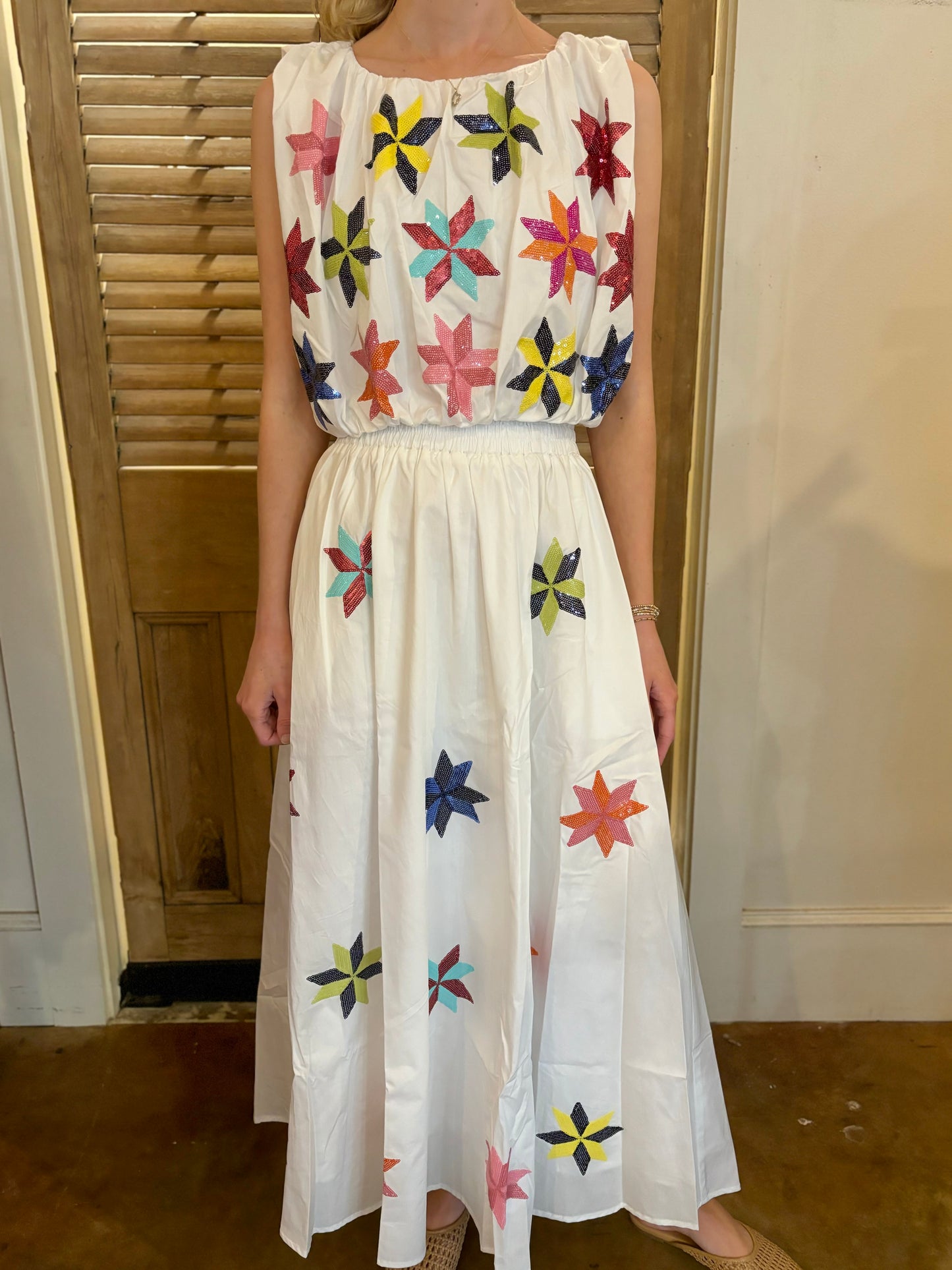 White Multi Pinwheel Cotton Midi Skirt