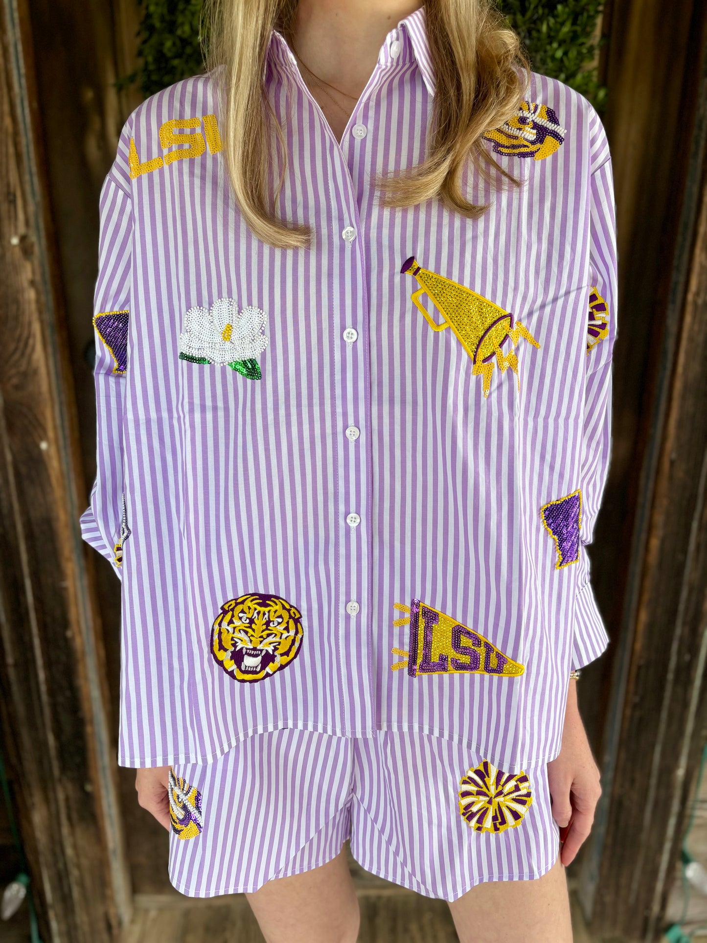 Licensed LSU Mini Icon Striped Button Down Top