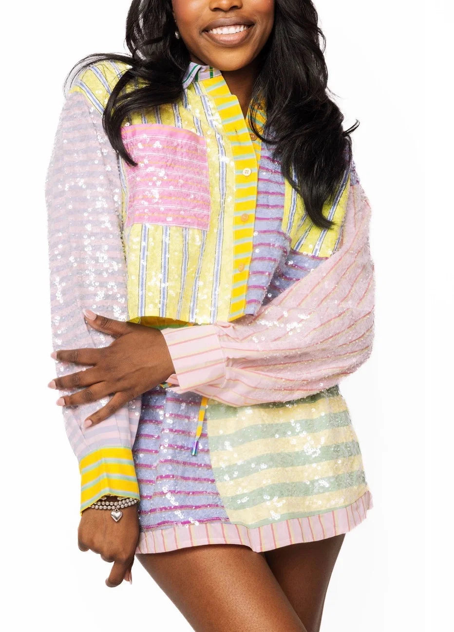 Multi Sequin Colorblock Stripe Button Up Top