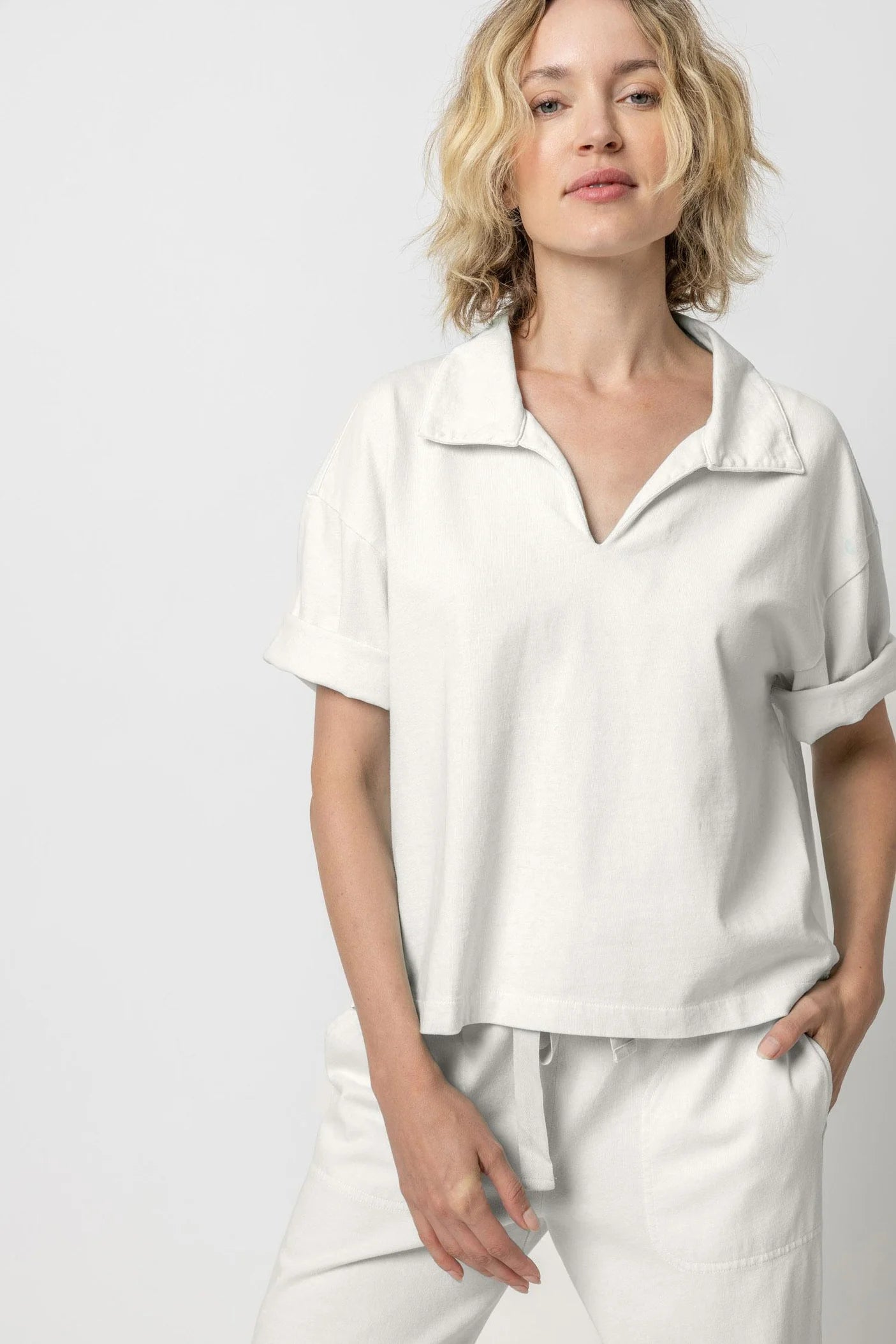 Mixed Media Collared Top White