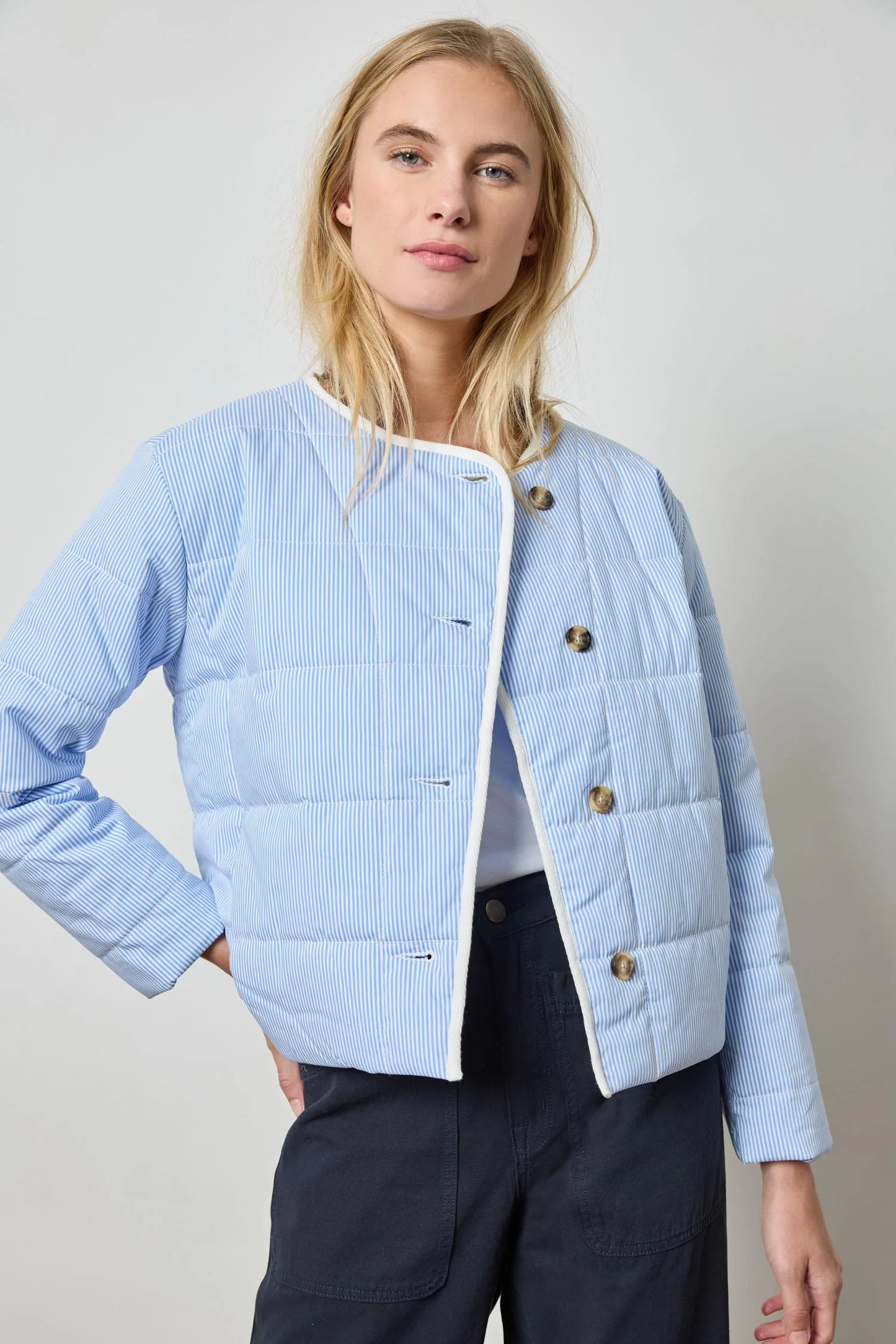 Striped Collarless Jacket Blue Stripe