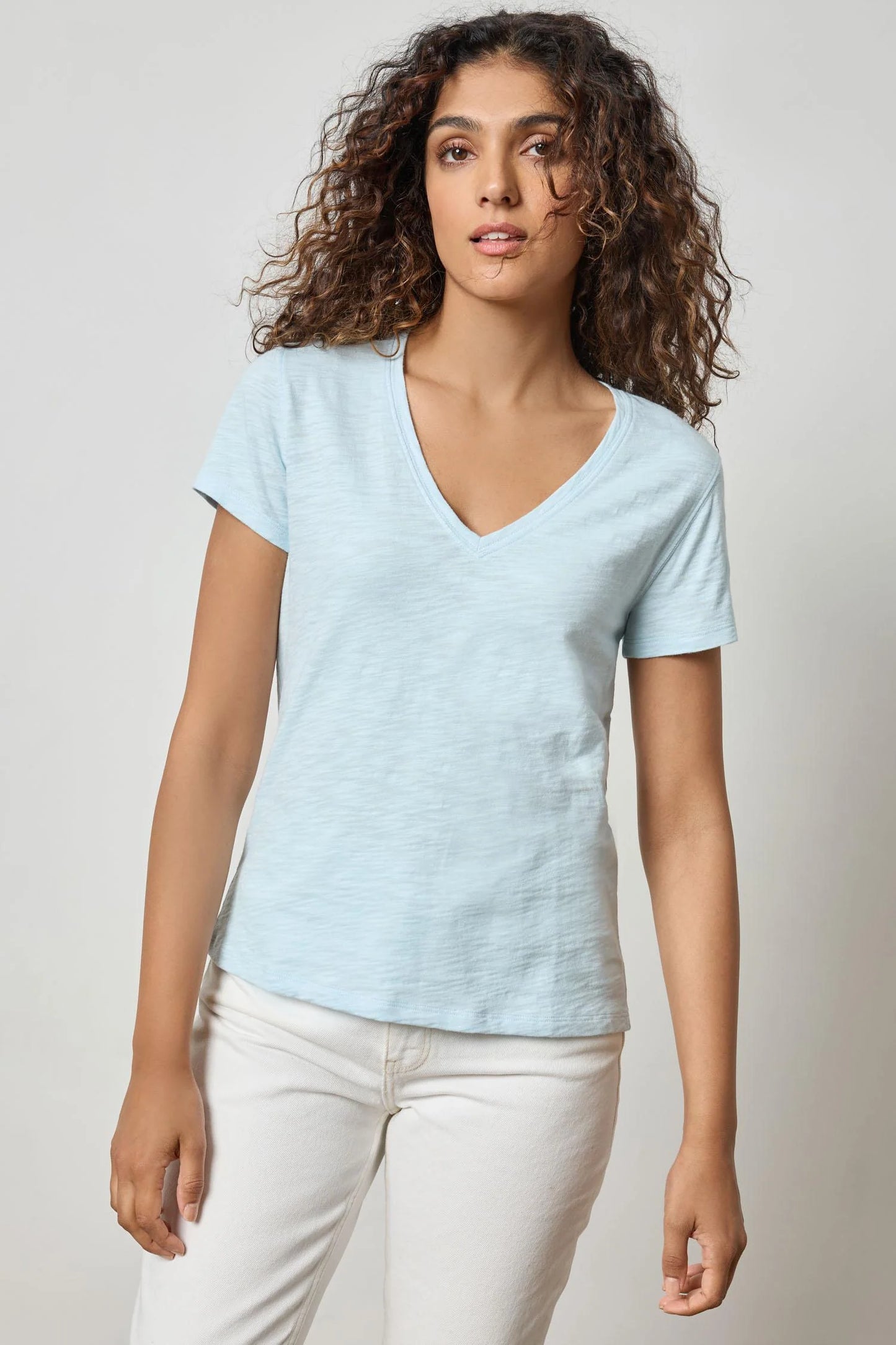 Short Sleeve Back Seam V-Neck Spa