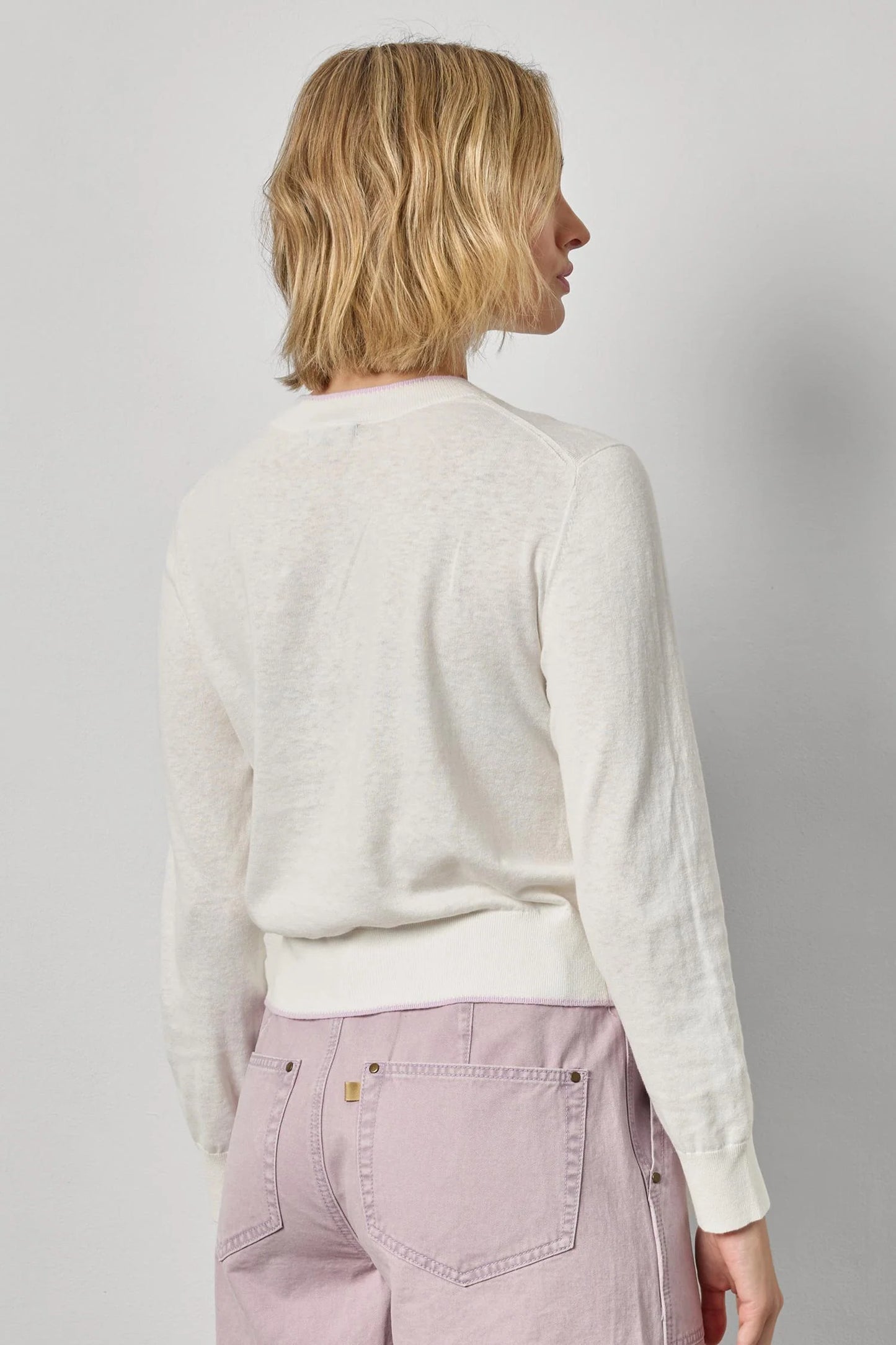Picot Edge Crewneck Sweater White Linen