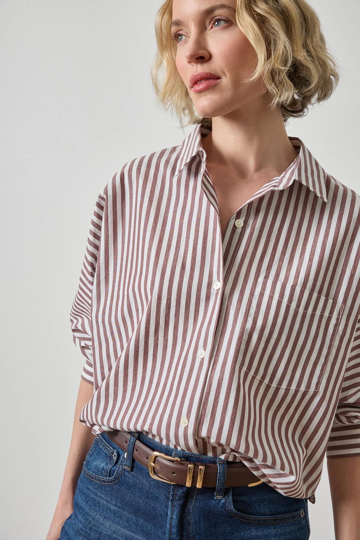 Dolman Sleeve Button Down Shirt Chestnut Stripe