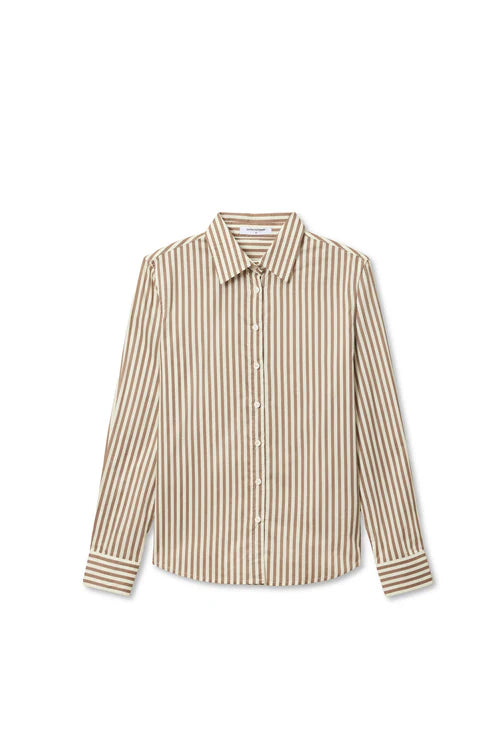 Poplin LS Woven Button Top Mocha Stripe