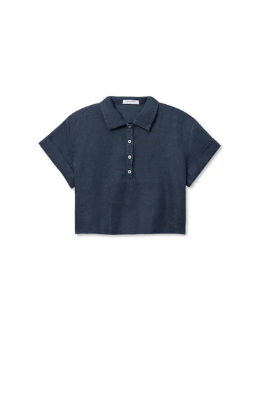 Linen Pull Over Cropped Woven Polo Navy