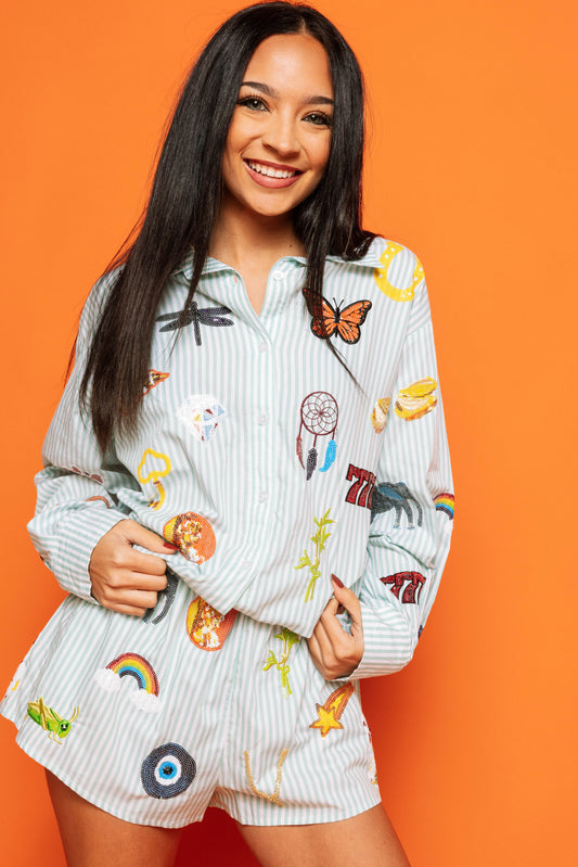 Green & White Striped Cotton Lucky Icon Short