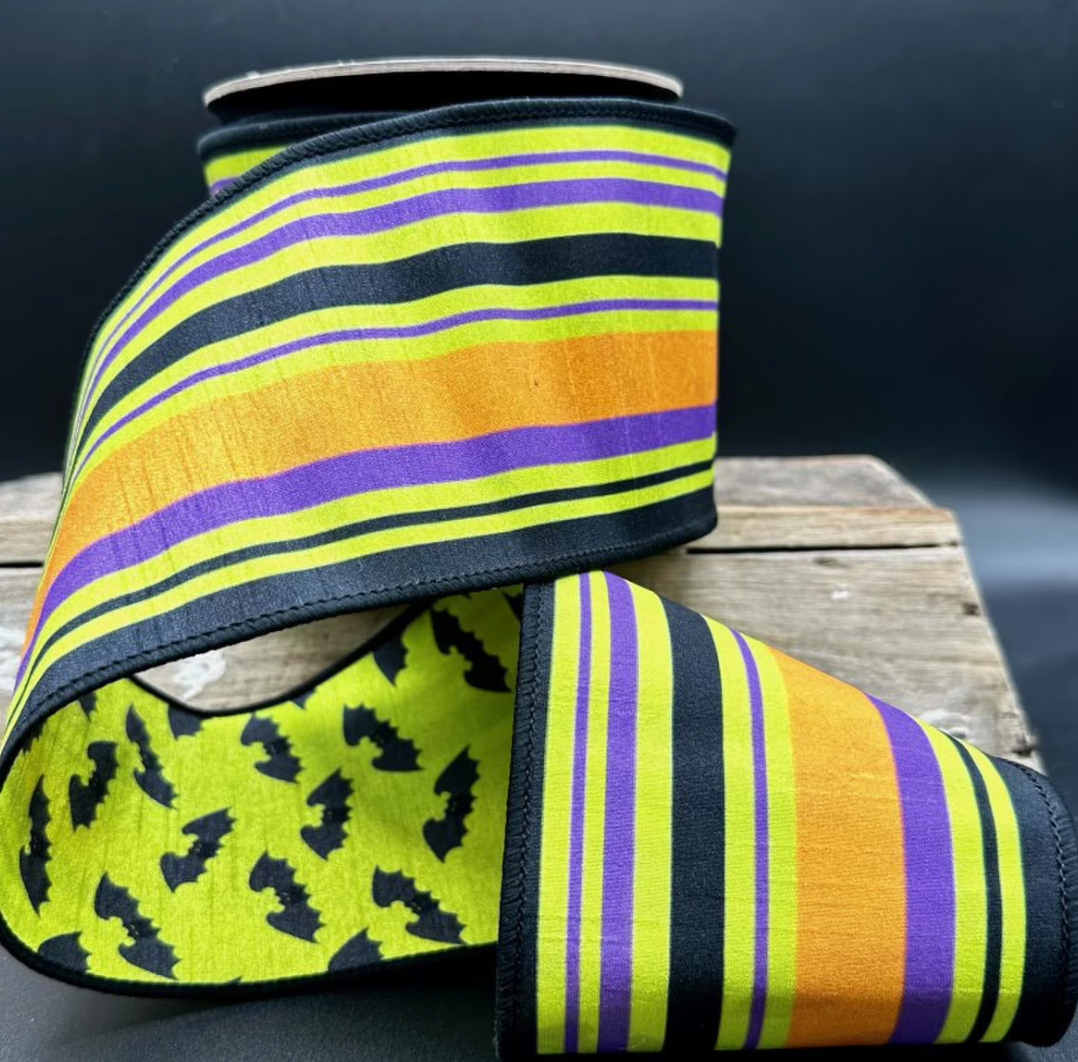 4“ Dupion Halloween Stripes Green Bat Backing, Orange Purple Black