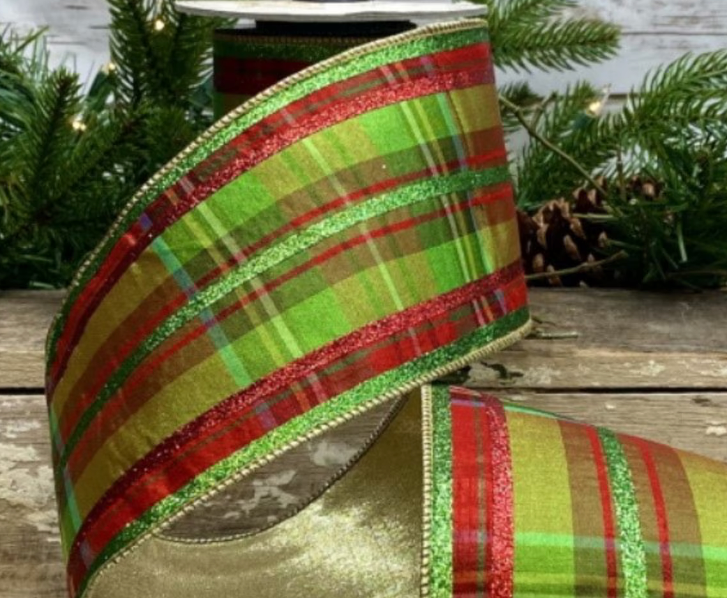 4“ Faux Dupion Plaid Glitter Stripe, Bitter Green-Red