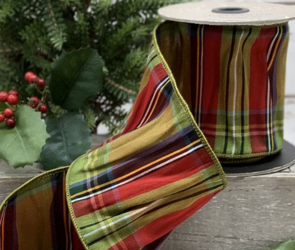 4“ Faux Dupion McFarland Plaid, Lime Green