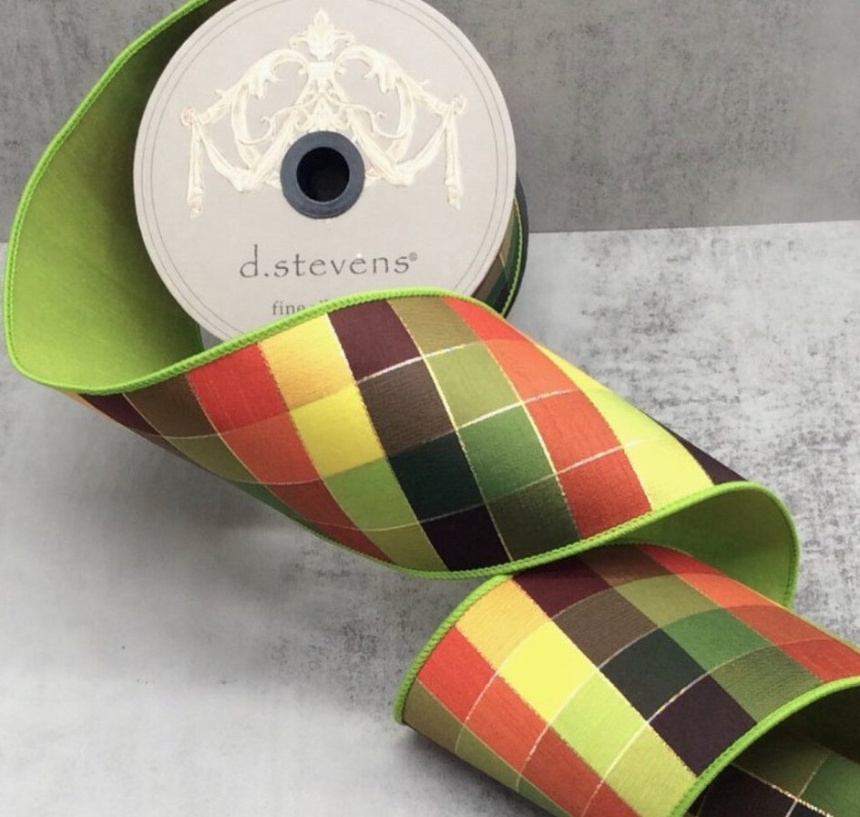 4” Taffeta Plaid, Lime Persimmon Hunter Green