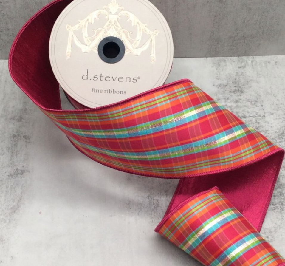 4” Dupion Dewdrop Plaid, Hot Pink Orange