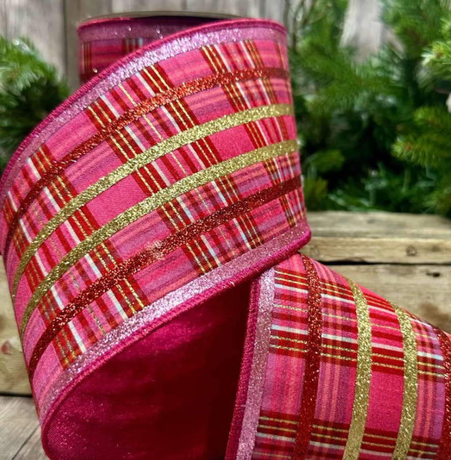 4” Faux Dupion Plaid Glitter Stripe, Red Pink Gold