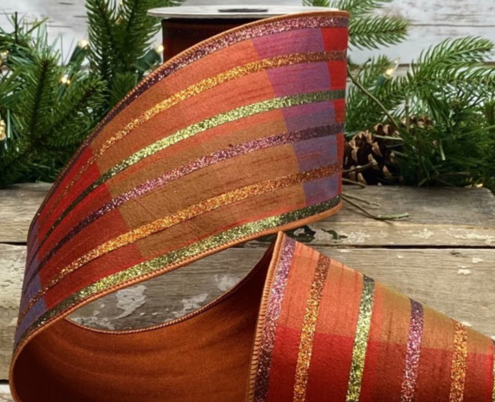 4“ Faux Dupion Fall Plaid Glitter Stripe, Autumn Orange