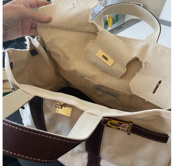 Canvas Tote Bag w/ Gold Buckle Hardware Brown Trim