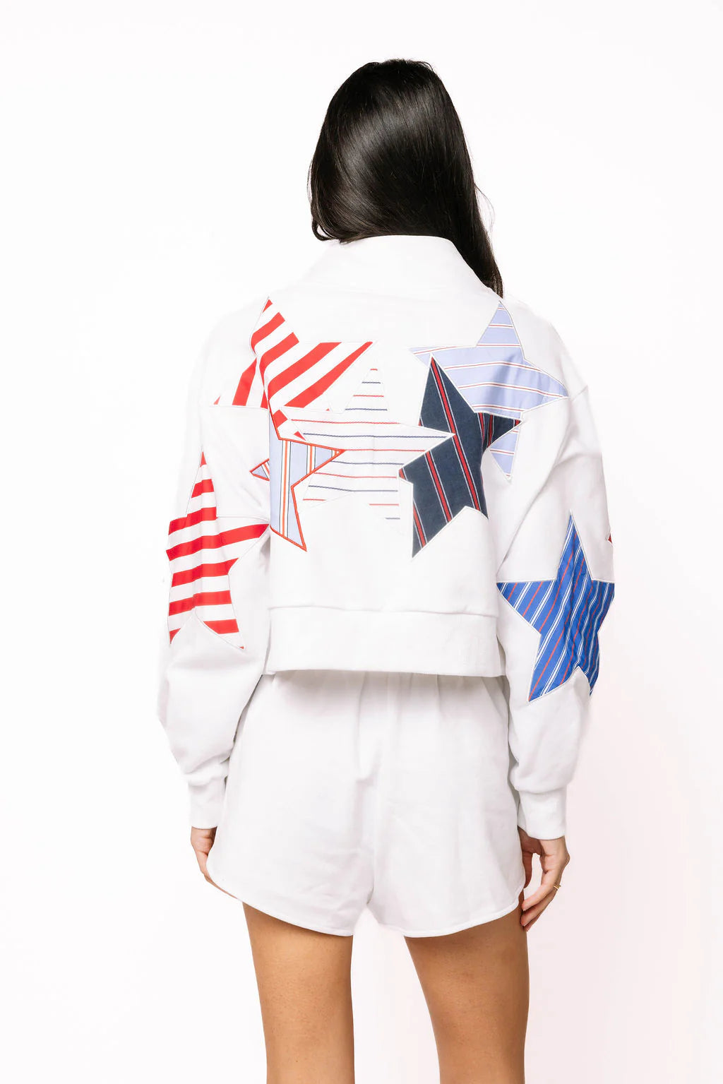 White USA Stripe Patch Stars Mock Neck Sweatshirt