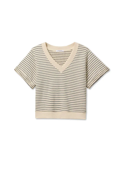 French Terry Stripe SS Crew Sweatshirt Natural & Charcoal Stripe