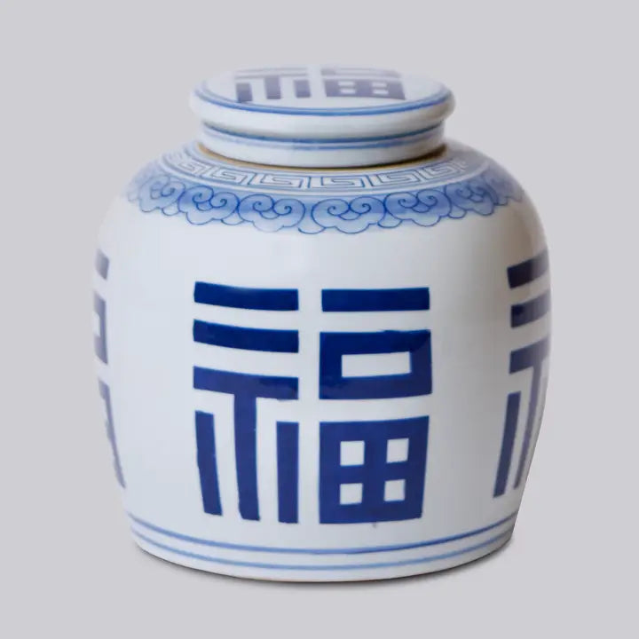Blue and White Porcelain Prosperity Lidded Round Storage Jar
