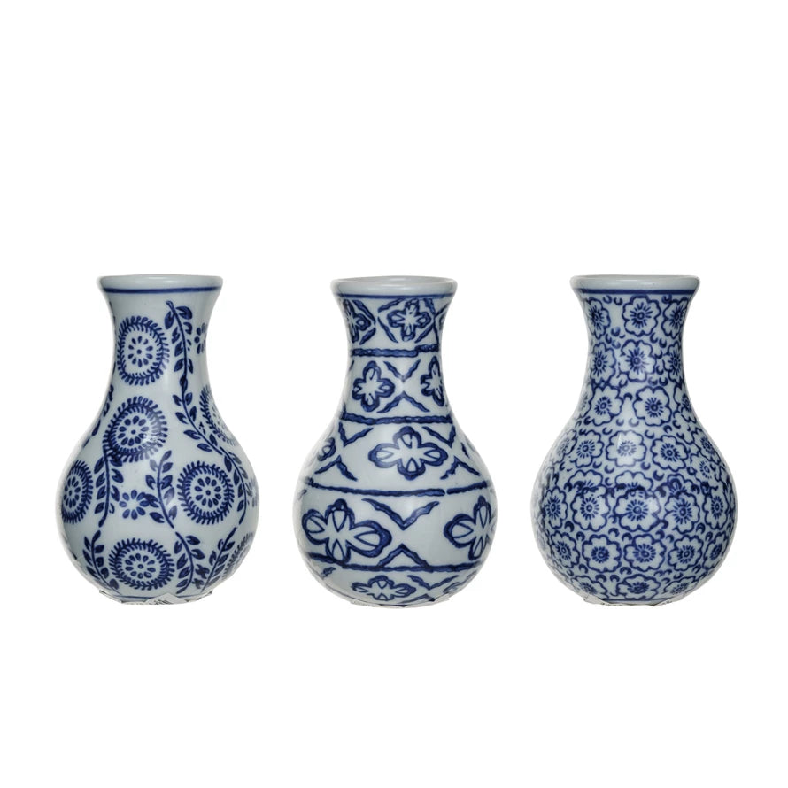 3" Round x 4-3/4"H Stoneware Vase, Blue & White, 3 Styles