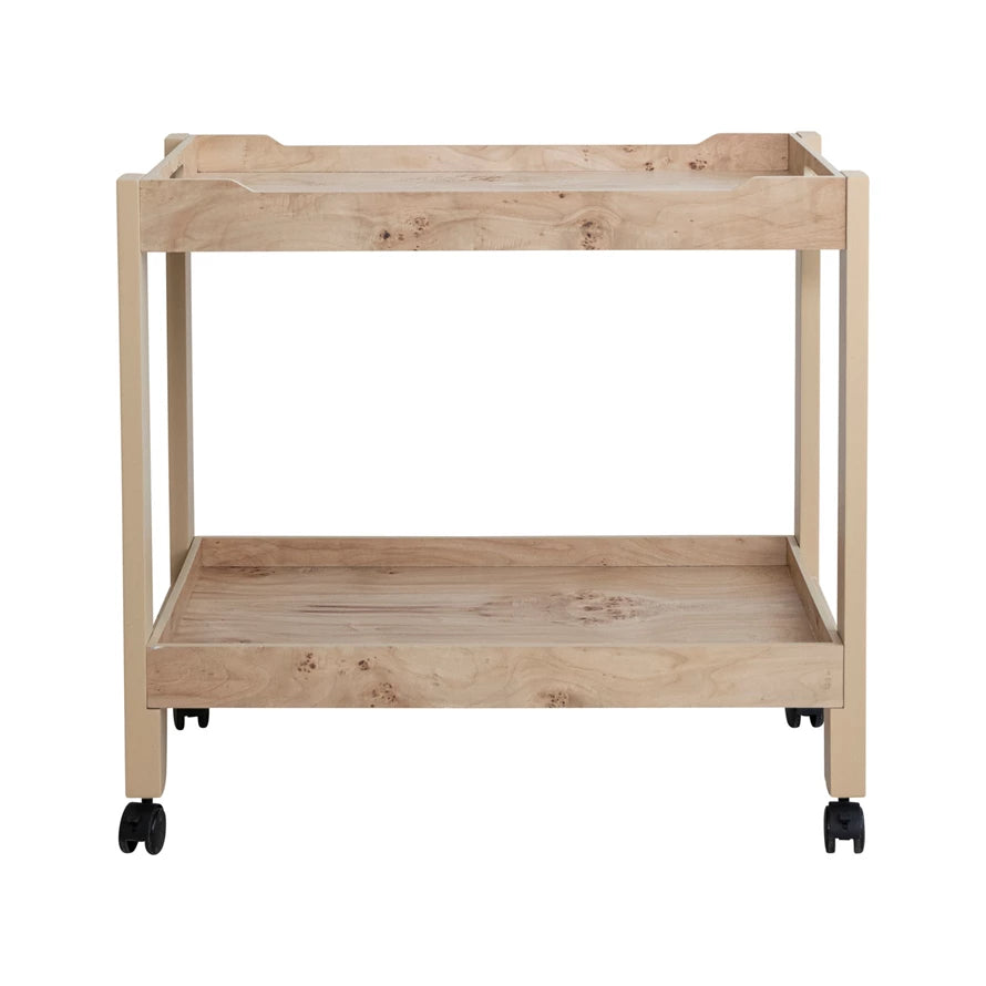 MDF & Burl Wood Veneer 2-Tier Bar Cart on Casters Natural