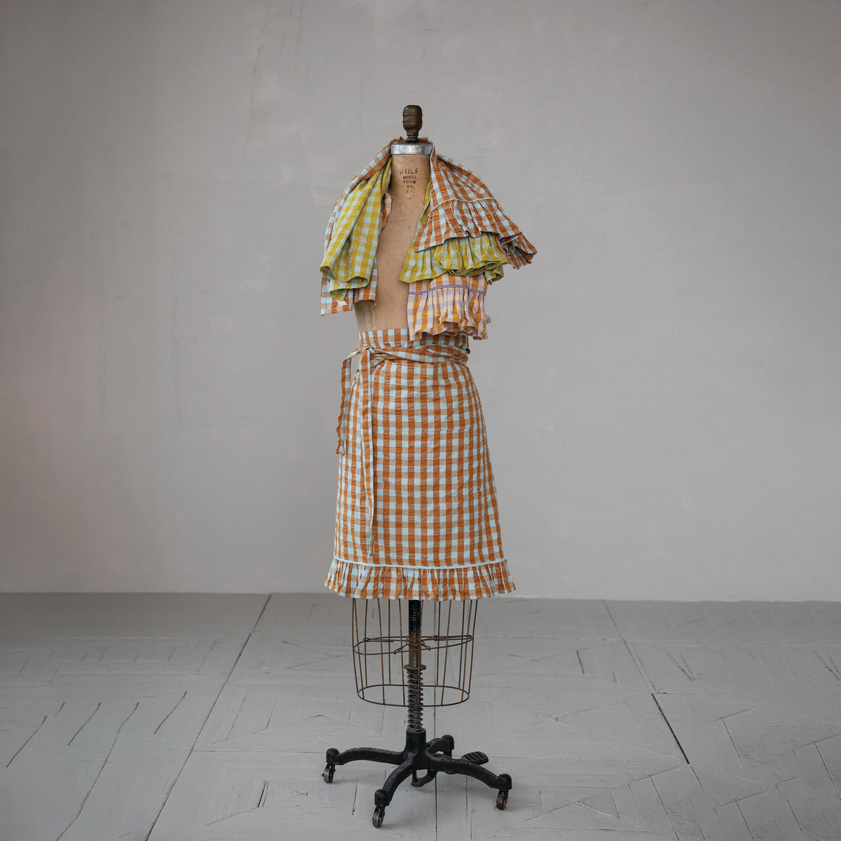 Woven Cotton Tea Towel with Check Pattern & Ruffle