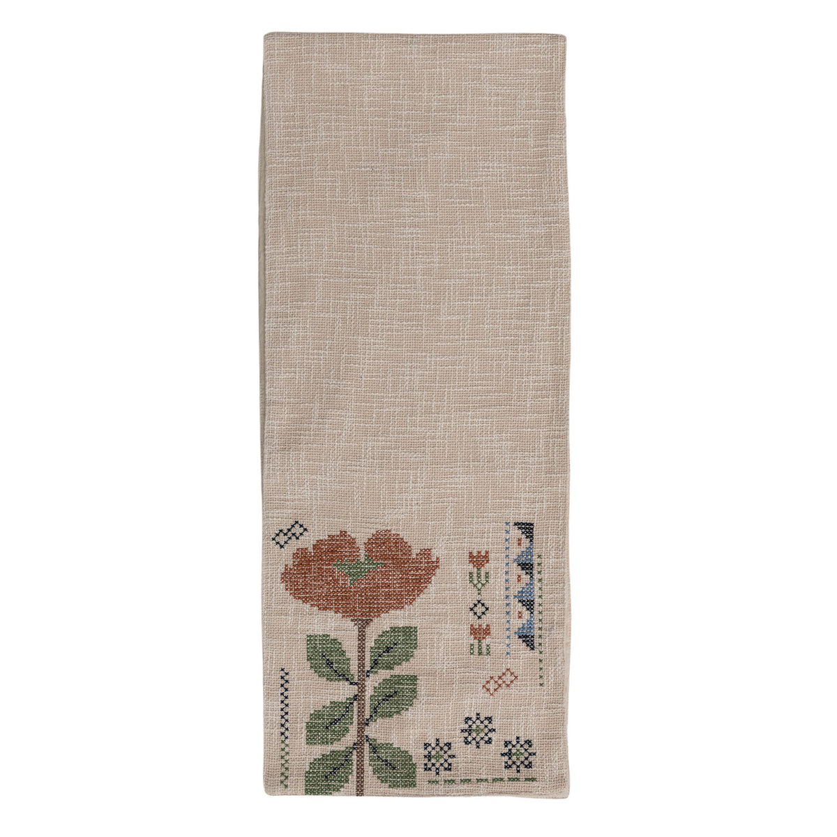Cotton Slub Table Runner with Embroidered Flowers