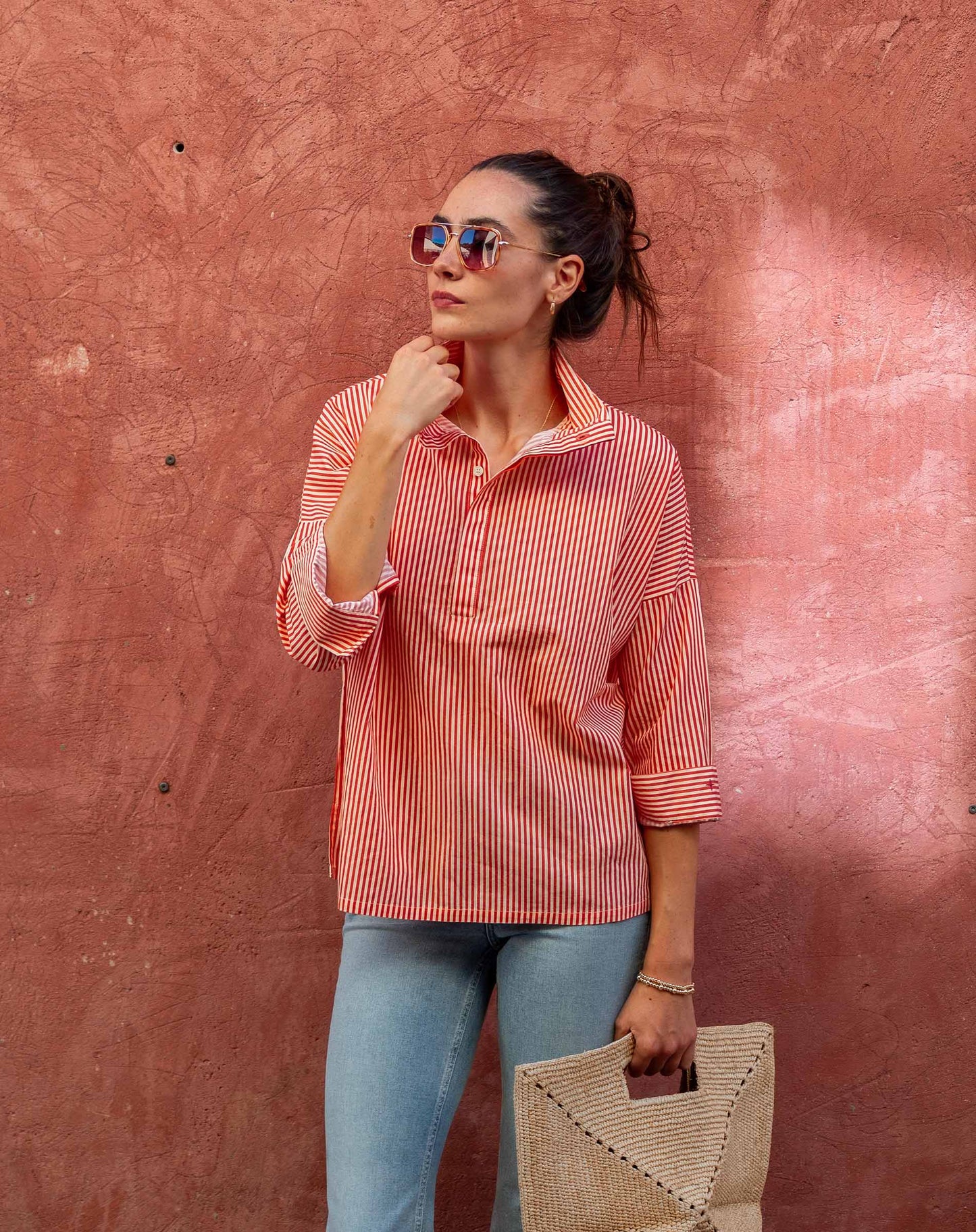 Emerson Pop Up Collar Top Coral Rose Stripe